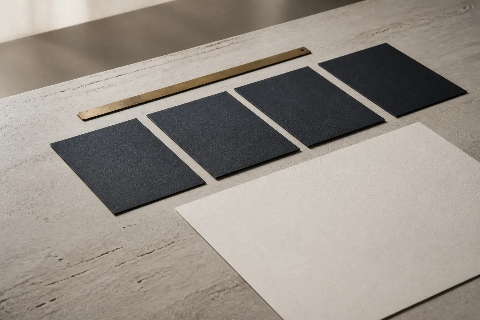 Four dark paper rectangles aligned beside a brass rule and a blank ivory sheet