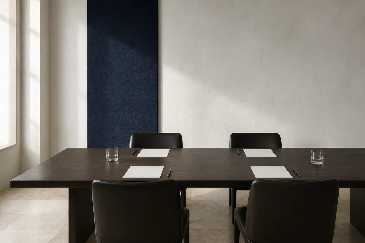 Mesa de trabajo de madera oscura dispuesta con hojas en blanco para una reunión enfocada de cuatro personas